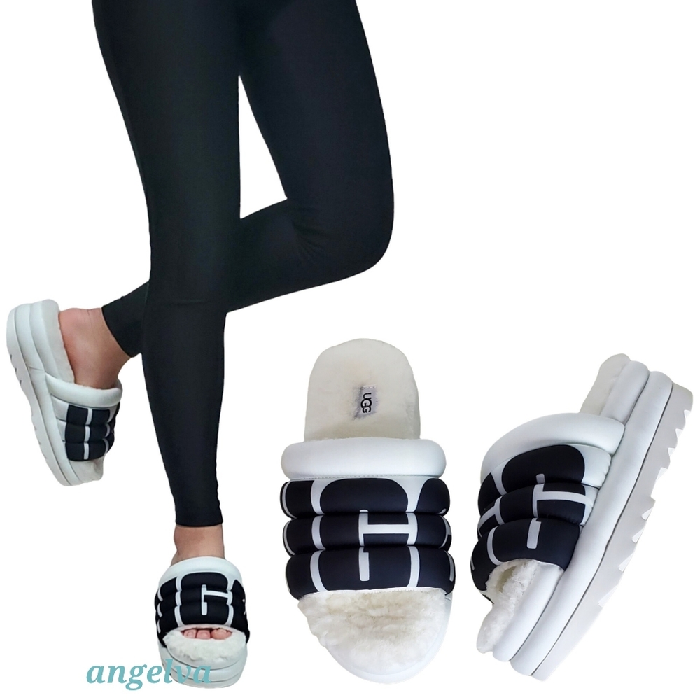 New Ugg maxi slide big logo quilted puff platform slipper sandals white black